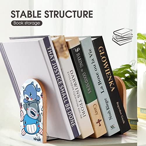 Cartoon Whale Shark Dolphin Striped Wood Book Ends for Shelves Non-Skid Bookend Book Stand Book Holder Stopper for Home Office School