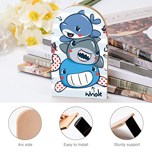 Cartoon Whale Shark Dolphin Striped Wood Book Ends for Shelves Non-Skid Bookend Book Stand Book Holder Stopper for Home Office School