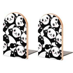 Cute Pandas Wood Book Ends for Shelves Non-Skid Bookend Book Stand Book Holder Stopper for Home Office School