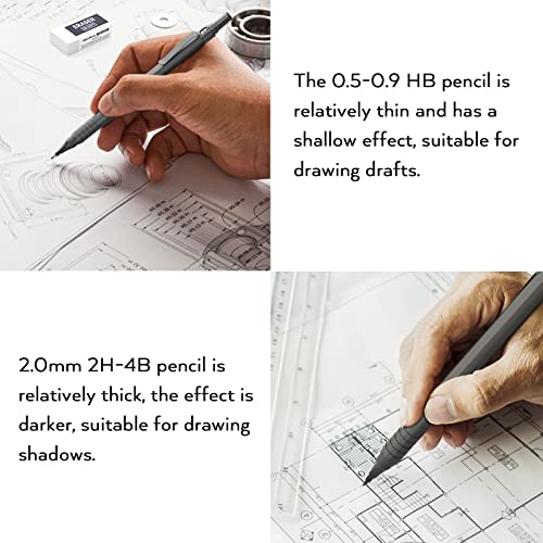 Nicpro 5 PCS Art Mechanical Pencils Set, Black Artist Metal Drafting Pencil 0.5 & 0.7 & 0.9 mm & 2PCS 2mm Graphite Lead Holder(4B 2B HB 2H) for Drawing Writing Sketching With Lead Refills Erasers Case