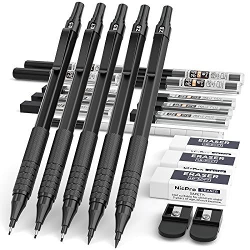 Nicpro 5 PCS Art Mechanical Pencils Set, Black Artist Metal Drafting Pencil 0.5 & 0.7 & 0.9 mm & 2PCS 2mm Graphite Lead Holder(4B 2B HB 2H) for Drawing Writing Sketching With Lead Refills Erasers Case