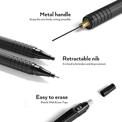 Nicpro 5 PCS Art Mechanical Pencils Set, Black Artist Metal Drafting Pencil 0.5 & 0.7 & 0.9 mm & 2PCS 2mm Graphite Lead Holder(4B 2B HB 2H) for Drawing Writing Sketching With Lead Refills Erasers Case