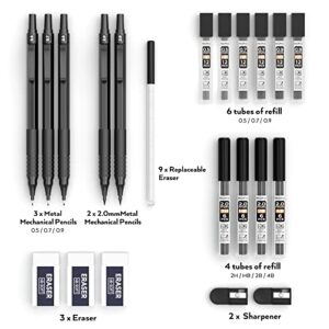 Nicpro 5 PCS Art Mechanical Pencils Set, Black Artist Metal Drafting Pencil 0.5 & 0.7 & 0.9 mm & 2PCS 2mm Graphite Lead Holder(4B 2B HB 2H) for Drawing Writing Sketching With Lead Refills Erasers Case