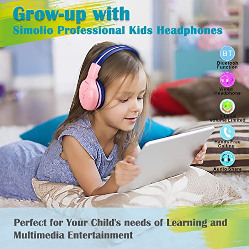 SIMOLIO Bluetooth Kids Headphones Volume Limited,Kids Safe Headphone with Share Jack, Wireless Headphones for Kids, Bluetooth Kids Headsets for iPad/iPhone/Kindle/Tablets/Car and Gift for Girls (Pink)