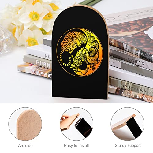 Yin Yang Dragon Tiger Wood Book Ends for Shelves Non-Skid Bookend Book Stand Book Holder Stopper for Home Office School