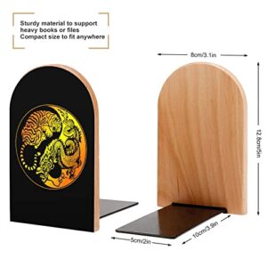 Yin Yang Dragon Tiger Wood Book Ends for Shelves Non-Skid Bookend Book Stand Book Holder Stopper for Home Office School