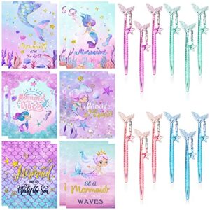 24 pcs mermaid pen and notebook 5 inches 12 cute mermaid scale notepads 12 mermaid black pen for mermaid birthday decorations, kids girls school supplies, sea ocean themed party gifts (elegant)