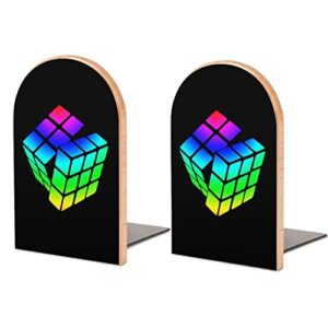 Magic Tie Dye Cube Logo Wood Book Ends for Shelves Non-Skid Bookend Book Stand Book Holder Stopper for Home Office School