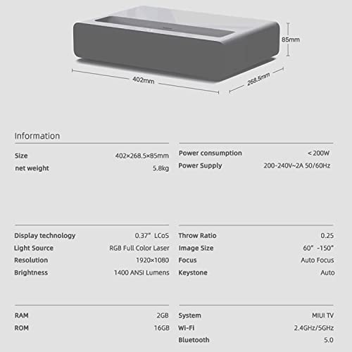 Kaya Projector, Xiao-Mi LCoS Home Projector XMJGYY01YS | Ultra Short Throw | ALPD 1400 ANSI Lumens | Amlogic T982 2GB 16GB | Android Home Cinema Projector - English Support