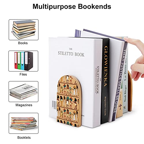 Egypt Pharaoh Pattern Wood Book Ends for Shelves Non-Skid Bookend Book Stand Book Holder Stopper for Home Office School