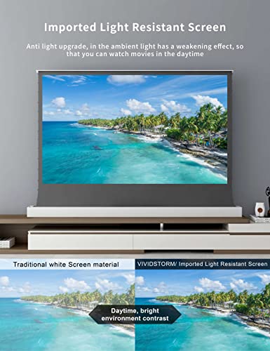 VIVIDSTORM-Projector Screen,Long Focus Ambient Light Rejecting Screen,White Housing Motorized Floor-Rising Projection Screen,Compatible with Lumen up to 2500ANSI of Normally Projector,VWSDSTALR84H