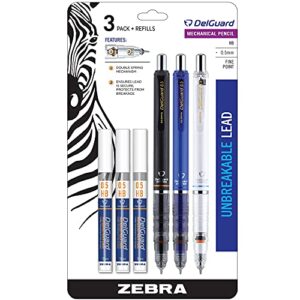 zebra pen delguard mechanical pencil, fine point, 0.5mm, black/blue/white barrel, lead refills, refillable, 3-pack (58603)