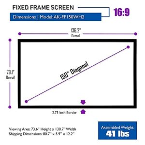 Akia Screens Fixed Frame Projector Screen 150inch 16:9 8K 4K Ultra HD 3D Ready Wall Mount CINEWHITE UHD-B 150" Projection Screen for Indoor Movie Video Home Theater Cinema Office AK-FF150WH2