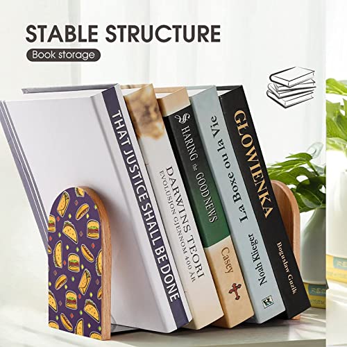 Hamburger and Tacos Wood Book Ends for Shelves Non-Skid Bookend Book Stand Book Holder Stopper for Home Office School