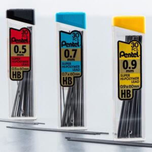 Pentel Super Hi-Polymer Mechanical Pencil Lead Refill - 0.5mm, 0.7mm, 0.9mm - 90 Led refills (30 of Each Size)