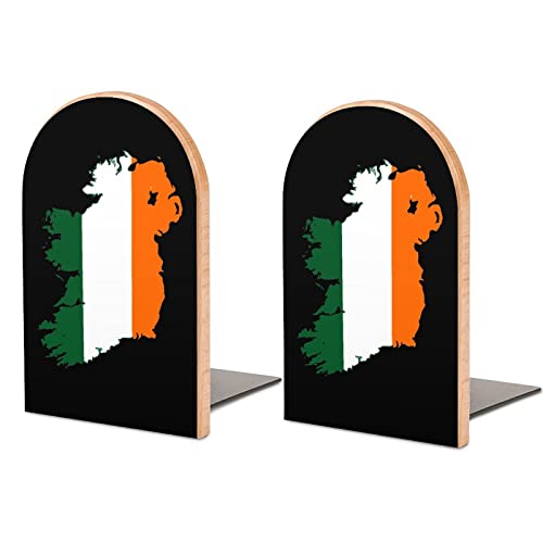 Ireland Flag Map Wood Book Ends for Shelves Non-Skid Bookend Book Stand Book Holder Stopper for Home Office School