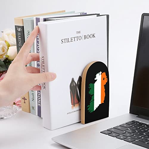 Ireland Flag Map Wood Book Ends for Shelves Non-Skid Bookend Book Stand Book Holder Stopper for Home Office School