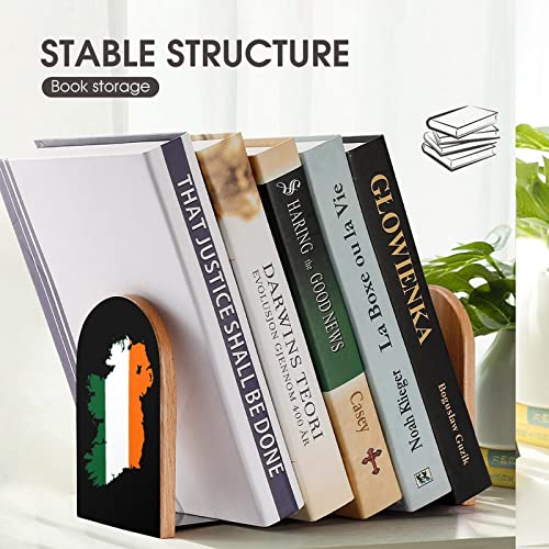 Ireland Flag Map Wood Book Ends for Shelves Non-Skid Bookend Book Stand Book Holder Stopper for Home Office School