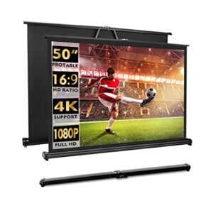 new portable mobile 50 inch projector screen pull down, 16:9 projector screen retractable tabletop screen tripod stand for home theater meeting room, school indoor outdoor ceiling wall mount upgrade