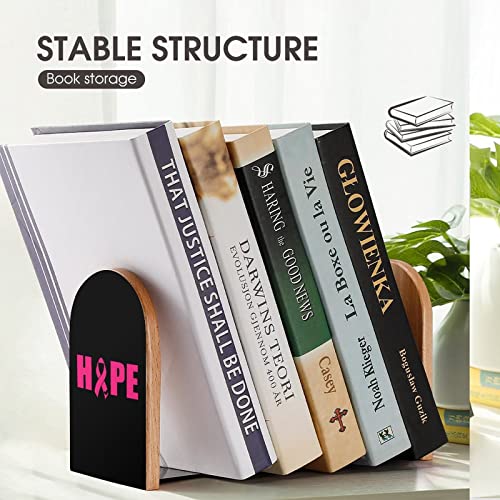 Pink Ribbon Wood Book Ends for Shelves Non-Skid Bookend Book Stand Book Holder Stopper for Home Office School