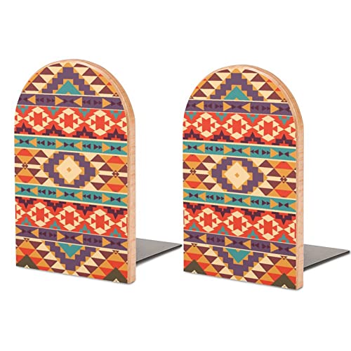 Colorful Aztec Pattern Wood Book Ends for Shelves Non-Skid Bookend Book Stand Book Holder Stopper for Home Office School