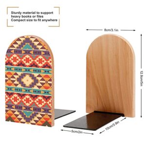 Colorful Aztec Pattern Wood Book Ends for Shelves Non-Skid Bookend Book Stand Book Holder Stopper for Home Office School