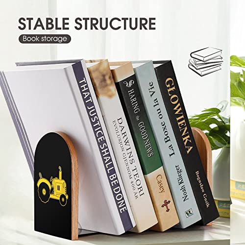 Cartoon Tractor Wood Book Ends for Shelves Non-Skid Bookend Book Stand Book Holder Stopper for Home Office School