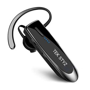 tek styz headset compatible with samsung galaxy a23 5g in ear bluetooth 5.0 wireless earpiece, ipx3 waterproof, dual microphones, noise reduction (black/silver)