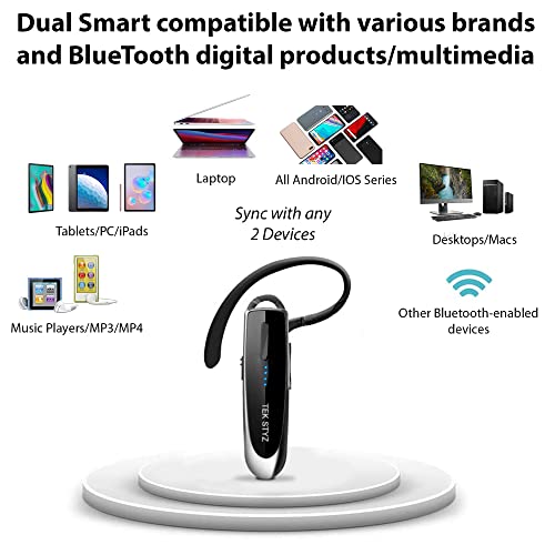 TEK STYZ Headset Compatible with Samsung Galaxy A23 5G in Ear Bluetooth 5.0 Wireless Earpiece, IPX3 Waterproof, Dual Microphones, Noise Reduction (Black/Silver)