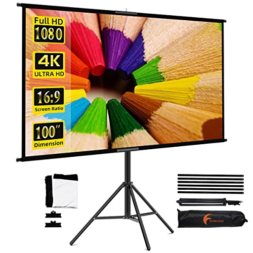 Projector Screen with Stand,Towond 100 inch Indoor Outdoor Projection Screen, Portable 16:9 4K HD Movie Screen with Carry Bag Wrinkle-Free Design for Home Theater Backyard Cinema