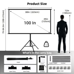 Projector Screen with Stand,Towond 100 inch Indoor Outdoor Projection Screen, Portable 16:9 4K HD Movie Screen with Carry Bag Wrinkle-Free Design for Home Theater Backyard Cinema