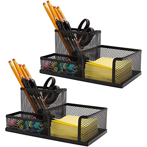 Ludato 2 Pieces Mesh Pen Holder Desk Organizers and Accessories for Desk，3 Compartments Black Pencil Holder for Office Supplies， Gifts for Colleague