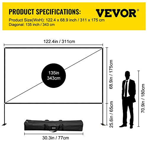 VEVOR Movie Screen with Stand 135inch Portable Projector Screen 16:9 4K HD Wide Angle Projector Screen with Stand Easy Assembly with Storage Bag for Both Indoor and Outdoor Use