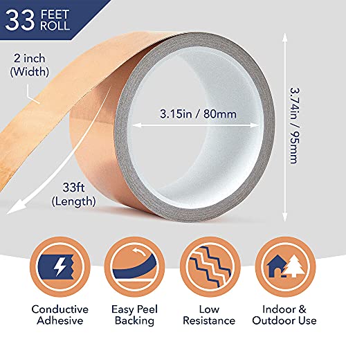 Kraftex Copper Tape [2 Inch x 33ft], Copper Foil Tape, Copper Tape with Strong Conductive Adhesive, Conductive Tape, Copper Flashing, Shielding Tape, Copper Slug Tape