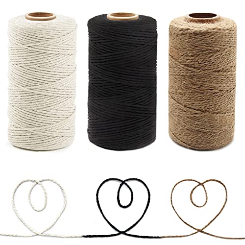 Anvin 984 Feet Cotton Twine Natural Jute Twine Packing Twines Bakers Twine Black Twine White Twine for Holiday Gift Wrapping Butchers Baking Arts and Crafts Gardening(Pack of 3, 10 Ply 2mm Thick)