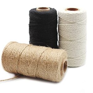 Anvin 984 Feet Cotton Twine Natural Jute Twine Packing Twines Bakers Twine Black Twine White Twine for Holiday Gift Wrapping Butchers Baking Arts and Crafts Gardening(Pack of 3, 10 Ply 2mm Thick)