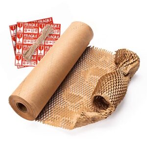 munbyn honeycomb packing paper, 15 inches x 120 feet eco friendly and recyclable cushion material, moving shipping supplies with 16 fragile sticker lables and 100 feet jute wine(brown)