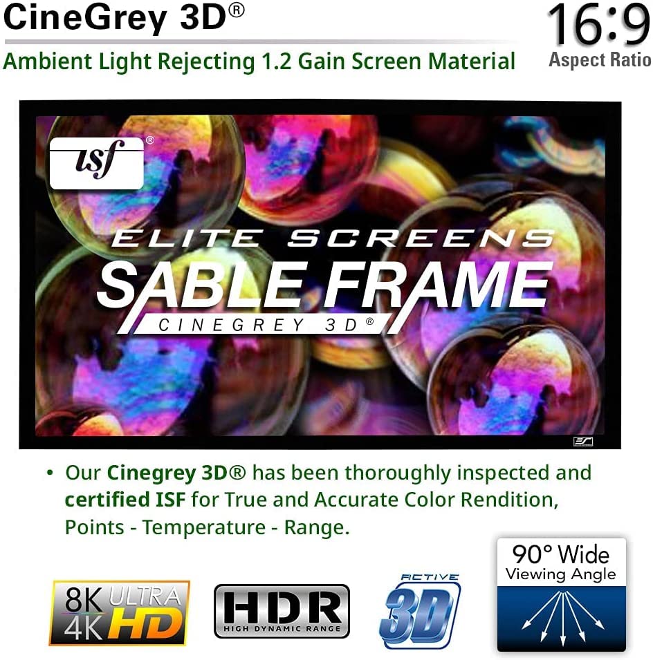 Elite Screens Sable Frame CineGrey 3D, 120-inch Diagonal 16:9, 8K 4K Ultra HD Ready Ceiling and Ambient Light Rejecting Fixed Frame Projector Screen, CineGrey 3D Projection Material, ER120DHD3