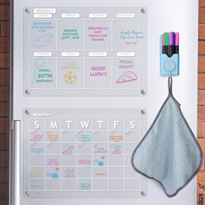 acrylic magnetic calendar for fridge, 16″x12″ clear set of 2 dry erase calendar board for refrigerator includes 6 colors markers, magnetic marker holder, cleaning cloth and hook