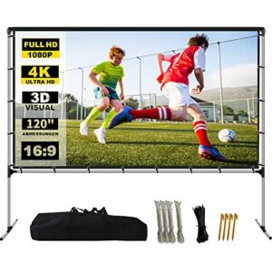 gyuem projector screen with stand foldable portable movie screen 120 inch（16：9）, hd 4k double sided projection movies screen with carry bag for indoor outdoor home theater backyard cinema travel
