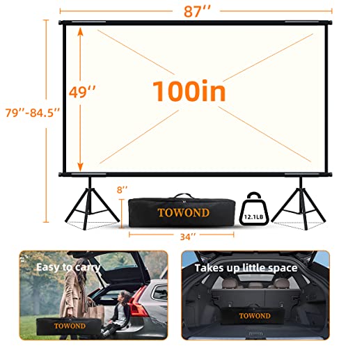 Projector Screen and Stand,Towond 100 inch Ambient Light Rejecting Projection Screen Fabric, Portable Projector Screen Outdoor Indoor 16:9 4K/8K HD Wrinkle-Free Foldable Movie Screen with Carry Bag