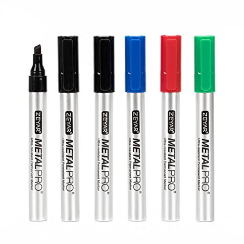 ZEYAR Permanent Markers, Chisel Tip Medium Point, Waterproof & Smear Proof ink, Aluminum Barrel Markers, Quick Drying (3 Black, 1 Blue, 1 Red, 1 Green)