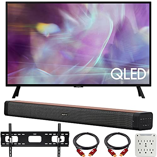 SAMSUNG QN32Q60AA 32 Inch QLED HDR 4K UHD Smart TV Bundle with Deco Home 60W 2.0 Channel Soundbar, Deco Mount Slim Flat Wall Mount Kit, 2X HDMI Cables and 6-Outlet Surge Adapter