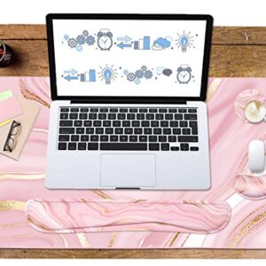 Keyboard Mouse Pad Set, Extended Mouse Pad+Keyboard Wrist Rest Support , Memory Foam Ergonomic Easy Typing , 3Pcs (35.4×15.7 in) Desk Pad Set for Home Office Study Game- Pink Gold