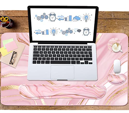 Keyboard Mouse Pad Set, Extended Mouse Pad+Keyboard Wrist Rest Support , Memory Foam Ergonomic Easy Typing , 3Pcs (35.4×15.7 in) Desk Pad Set for Home Office Study Game- Pink Gold