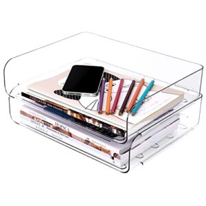 tomorotec desk letter tray set, a4 size clear pet stackable document organizer office desktop file paper holder book storage rack side load anti-skid stacking support convex bottom (2x landscape)