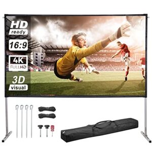 outdoor projector screen and stand – komerti 100 inch 4k hd 16:9 portable projector screen outdoor/indoor with carry bag, foldable video projection screens with carry bag for home theater backyard