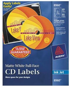 avery cd labels, print to the edge, permanent adhesive, matte, 40 disc labels and 80 spine labels (8960)