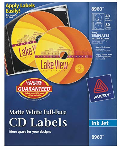 Avery CD Labels, Print to the Edge, Permanent Adhesive, Matte, 40 Disc Labels and 80 Spine Labels (8960)