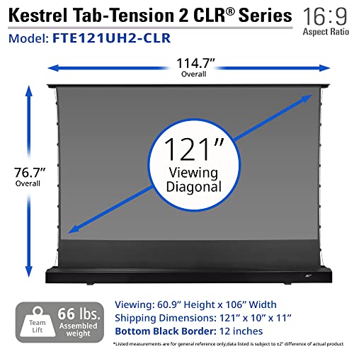 Elite Screens Kestrel Tab-Tension CLR, 121" Diag. 16:9, Ultra-Short Throw Ceiling Ambient Light Rejecting (CLR®/ALR) Electric Floor-Rising Projector Screen,Black Casing, FTE121UH2-CLR